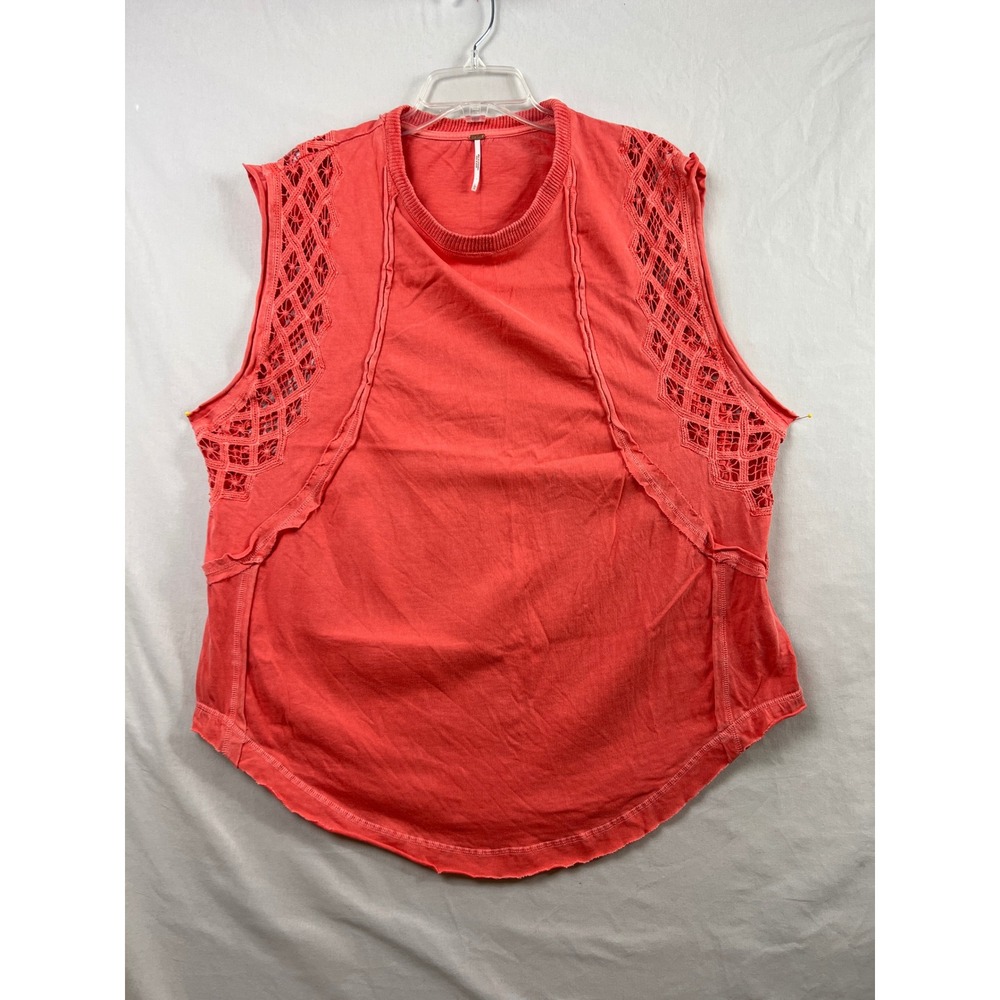 Free People Tank Top Womens L Coral Crochet Lace Muscle Tee Relaxed Slub knit